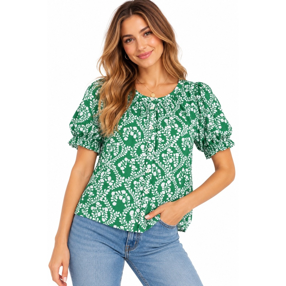Boden Green White Floral Leaf Print Puff Sleeve Button Down Blouse US 12